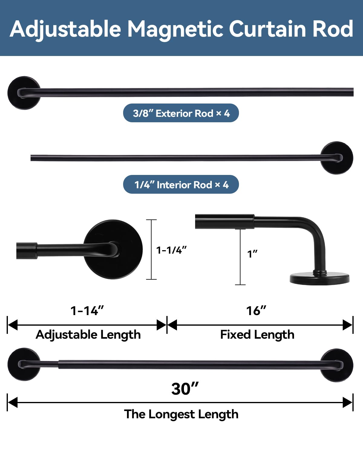 Ruiony Magnetic Curtain Rod for Metal Doors, French Door Curtain Rods Adjustable from 17 to 30 Inch, 3/8 Inch Diameter, Magnet Cafe Rod for Any Metel Surface, No Tool and Easy Install, Black, 2 Pack