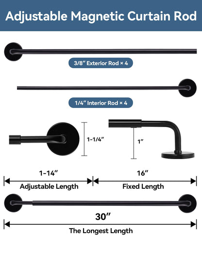 Ruiony Magnetic Curtain Rod for Metal Doors, French Door Curtain Rods Adjustable from 17 to 30 Inch, 3/8 Inch Diameter, Magnet Cafe Rod for Any Metel Surface, No Tool and Easy Install, Black, 2 Pack