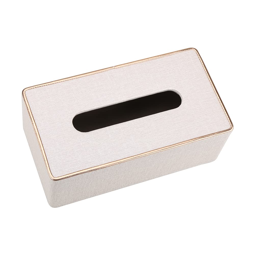 KINGFOM Rectangular PU Leather Tissue Box Holder, Facial Tissue Case Napkin Dispenser for Home Office Car Automotive Decoration with Gold Line(Pearl White-L)