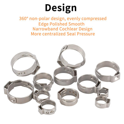 Yaegoo 200Pcs 5.8-21mm 304 Stainless Steel Single Ear Stepless Hose Clamps Assortment Kit - 10 Kinds of Size
