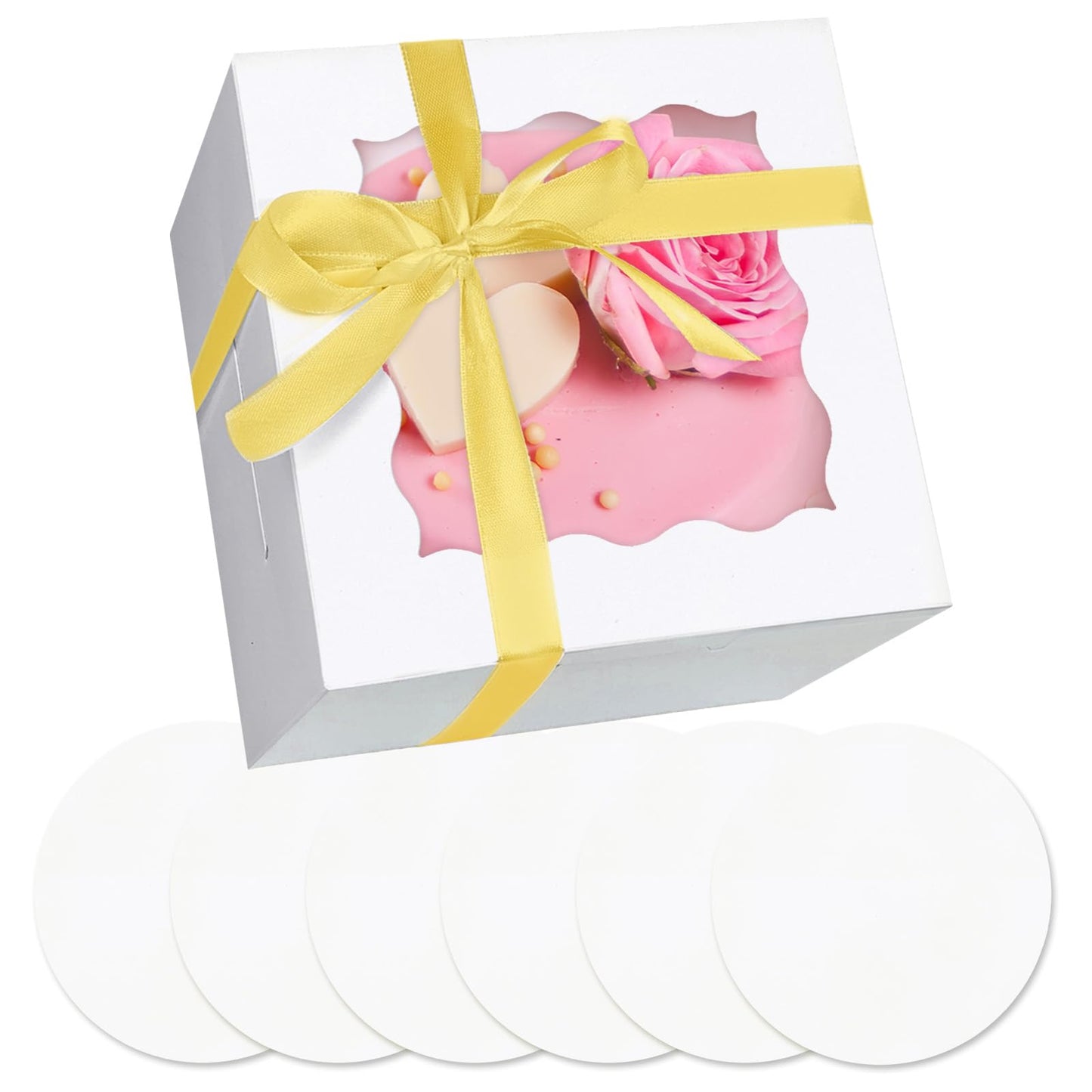 qiqee 6x6x5 Cake Box, 18 Sets White Cake Box with Window ＆ 18 Sets 6" White Cake Round Boards, 6inch Cake Containers & 10 Meters Gold Silk Ribbon