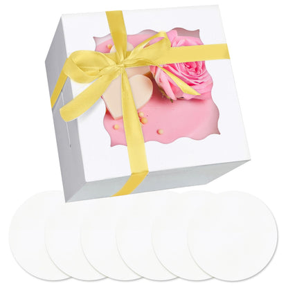 qiqee 6x6x5 Cake Box, 18 Sets White Cake Box with Window ＆ 18 Sets 6" White Cake Round Boards, 6inch Cake Containers & 10 Meters Gold Silk Ribbon
