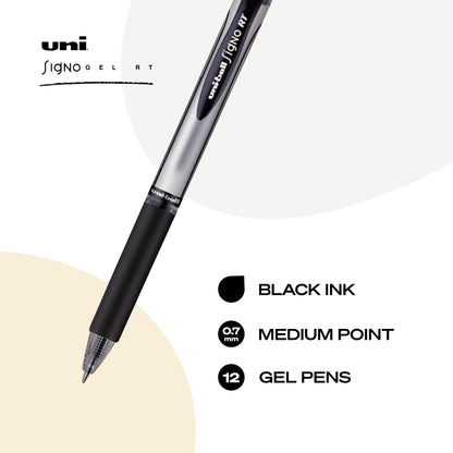 uni-ball Signo RT Rollerball Gel, Gel Retractable Roller Ball Pen Medium-0.7mm, 12 Pack, Black Ink (65940)