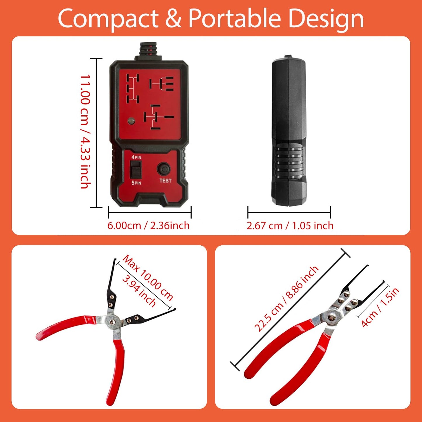 Automotive Relay Tester with Relay Puller - 12V Car Relay Tester Diagnostic Tool, Handheld 4 & 5 Pin Auto Relay Testing Kit, Car Battery Relay Detector Checker with Battery Clips for Auto Repair