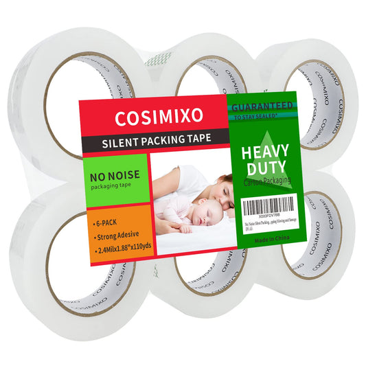 COSIMIXO No Noise Silent Packing Tape 2.4mil x 1.88" x 110 Yards,6rolls,Industrial Heavy Duty Noiseless Packaging Tape for Quiet Packing Shipping Moving and Storage