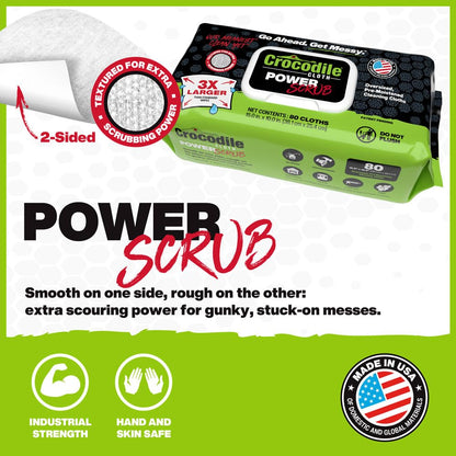 Crocodile Cloth PowerScrub - 80 Dual Surfaced Cloths, 10in X 15in. Large, Moist, Absorbent and Disposable Cleaning Cloths. Safe on Skin and Multiple Surfaces. (6500-080)