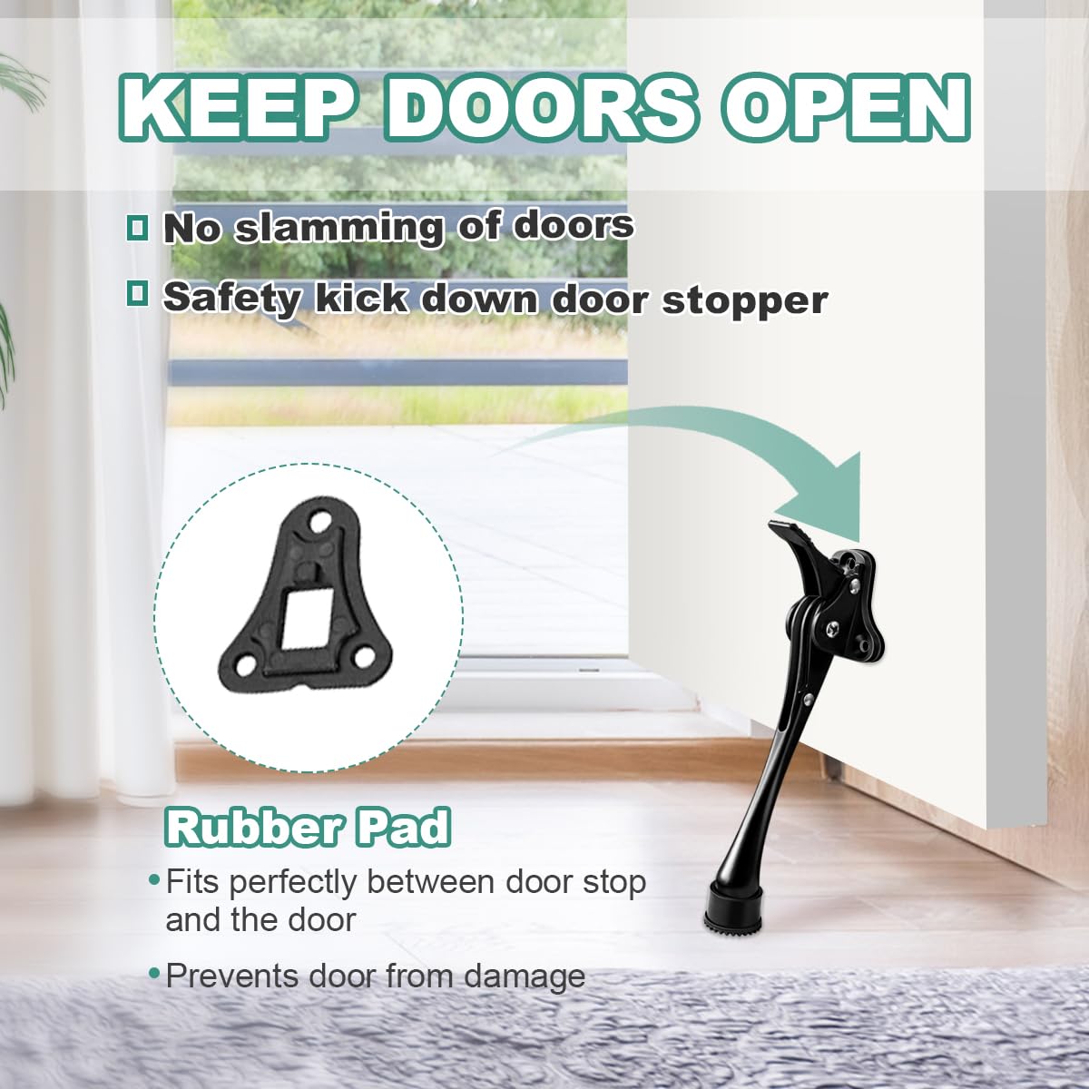 Door Stops, 6 Inch Kickdown Door Stopper with Non-Slip Rubber Tip, One Touch Heavy Duty Bottom Holder, Adjustable Metal Door Stop, 2 Pack, Black