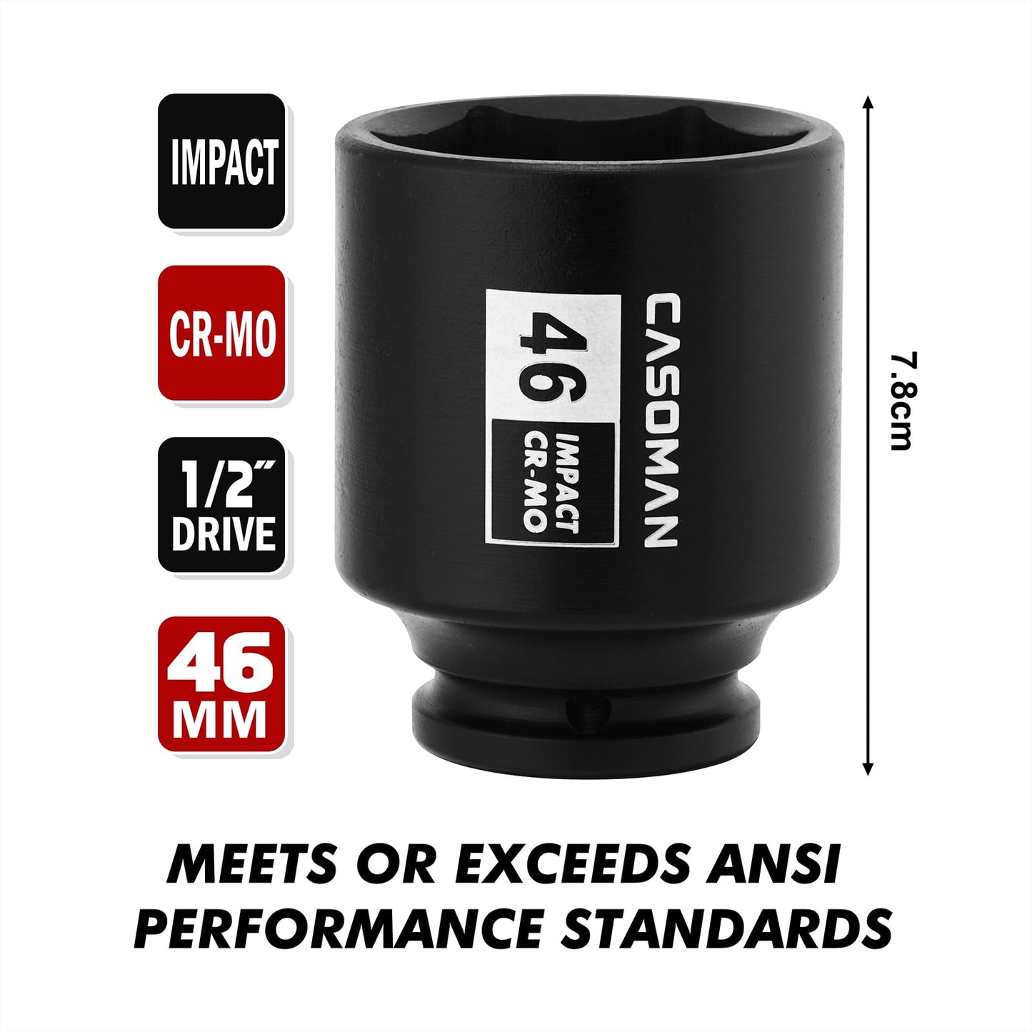 CASOMAN 1/2" Drive x 46mm Deep Impact Socket, 6-Point, 78mm Length, Metric, CR-MO