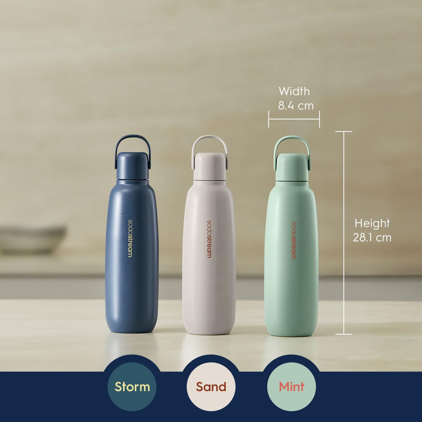SodaStream - Fizz & Go Cool Bottle | Stainless Steel Carbonating Water Bottle | Keeps Drinks Cold 12 Hrs | Cupholder Friendly | Compatible with Pink CO2 Cylinder Machines | Storm Color | 0.9L