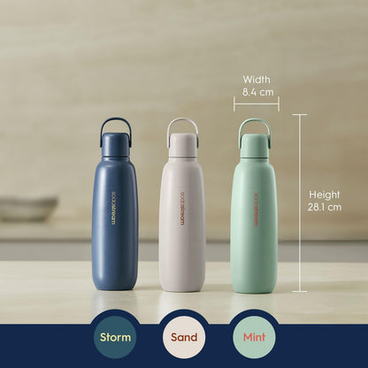 SodaStream - Fizz & Go Cool Bottle | Stainless Steel Carbonating Water Bottle | Keeps Drinks Cold 12 Hrs | Cupholder Friendly | Compatible with Pink CO2 Cylinder Machines | Storm Color | 0.9L