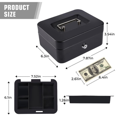 Cash Box with Money Tray and Lock Small Cash Box with Key Lock Box for Money 7.87 x 6.3 x 3.54 Inches Black