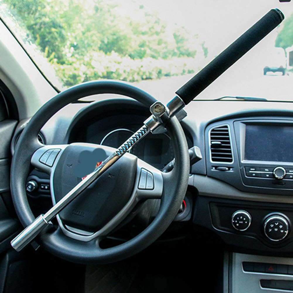 Car Steering Wheel Lock, Antitheft Lock with 3 Keys, Retractable Stainless Anti Theft Car Device with Escape Hammer Universal Fit Car Trucks SUV Van Auto