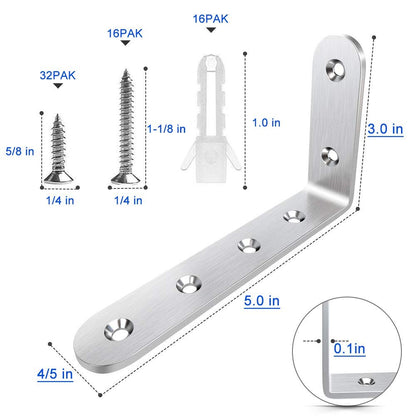 Corner Braces 3 x 5 inch, Right Angle Bracket 304 Stainless Steel with Screws, L Shaped Brackets for Shelves Furniture, 8 Pcs