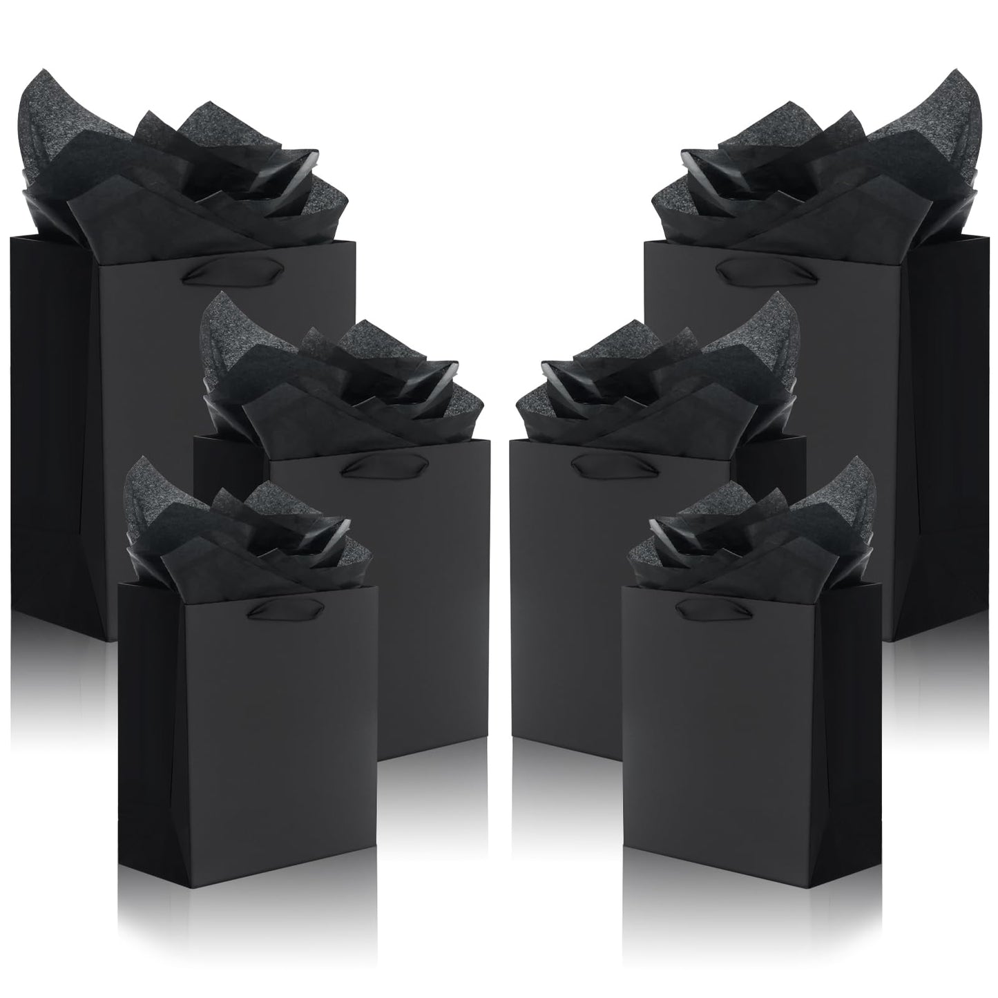 QIELSER 12 Pack Black Gift Bags with Ribbon Handles, Kraft Paper Gift Bags with Tissue Paper 3 Different Sizes in 21.5cm, 25.5cm and 33cm for Party Favor, Wedding, Retail, Business, Graduations