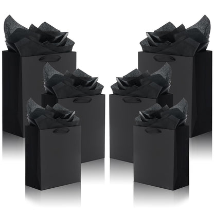 QIELSER 12 Pack Black Gift Bags with Ribbon Handles, Kraft Paper Gift Bags with Tissue Paper 3 Different Sizes in 21.5cm, 25.5cm and 33cm for Party Favor, Wedding, Retail, Business, Graduations