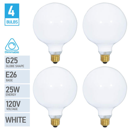 (4 Pack) G25 Incandescent Incandescent Light Bulb 2700K Soft Light, Decorative Globe Light Bulbs,E26 Medium Base, Perfect for Pendant Bathroom/Vanity Mirror Makeup, Dimmable. (White-Finish, 25-Watt)