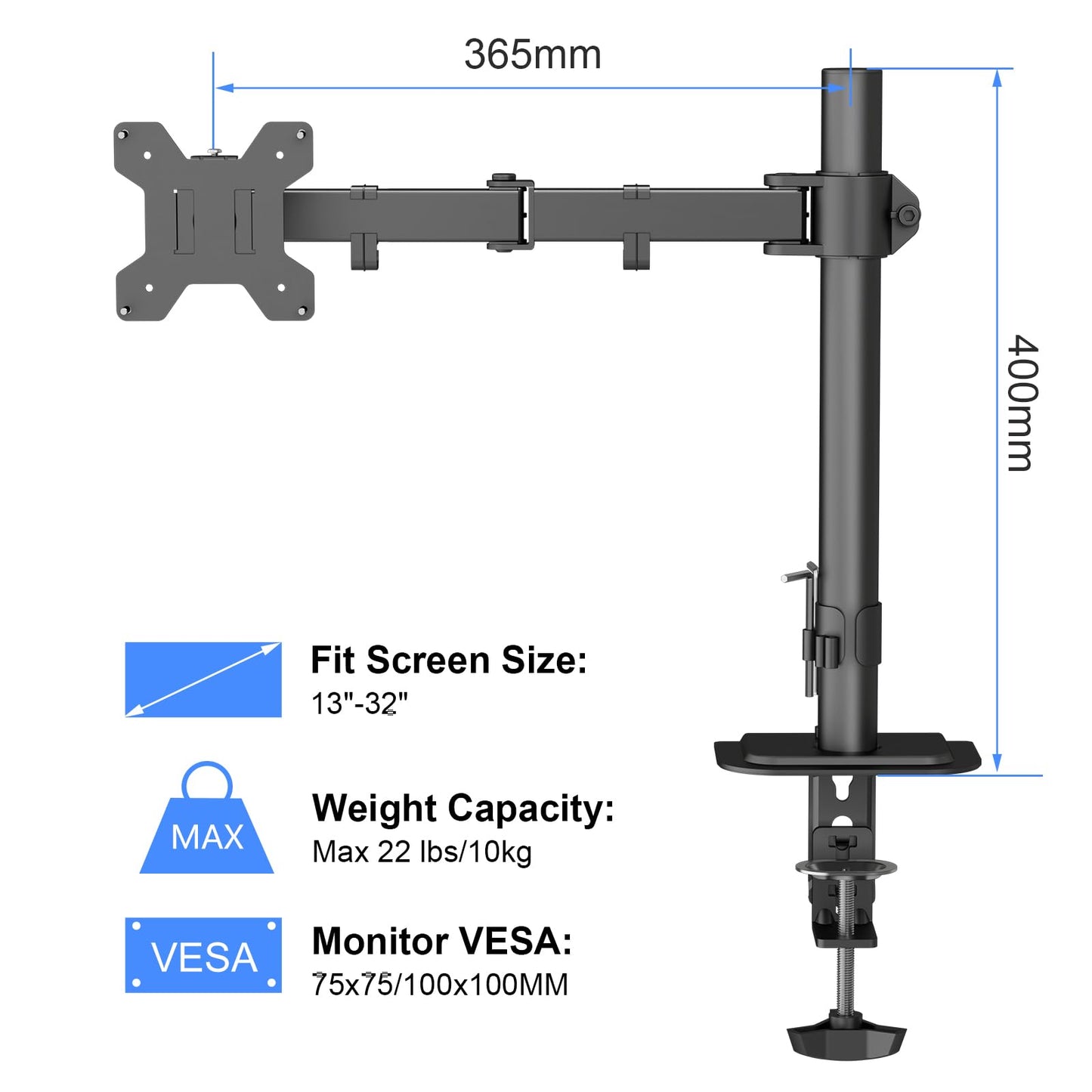 Suptek Single LED LCD Monitor Desk Mount Heavy Duty Fully Adjustable Stand for 1 / One Screen up to 32 inch (MD6421)