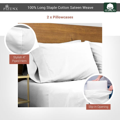 Pizuna Cotton Pillow Cases Queen Size 2 Pack White, 400 Thread Count 100% Long Staple Combed Cotton Sateen Weave Pillowcase with Stylish 10 cm Hem (100% Cotton Queen Pillow Covers White)