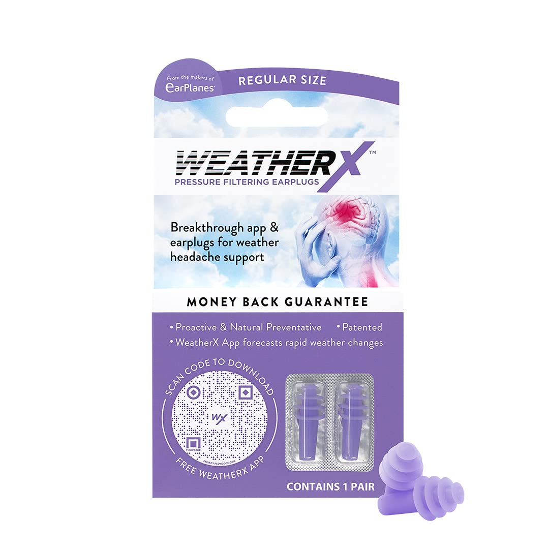 WeatherX Headache Prevention: Pressure Filtering Earplug for Shifts in Barometric Weather Pressure Download Free Alert app (Regular 1 PK)