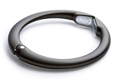 Clipa Handbag Hanger – Matte Black PVD - The Ring That Opens into a Hook and Hangs in Just 10 mm of Space, Holds 15 kg, 3 yr. Warranty.