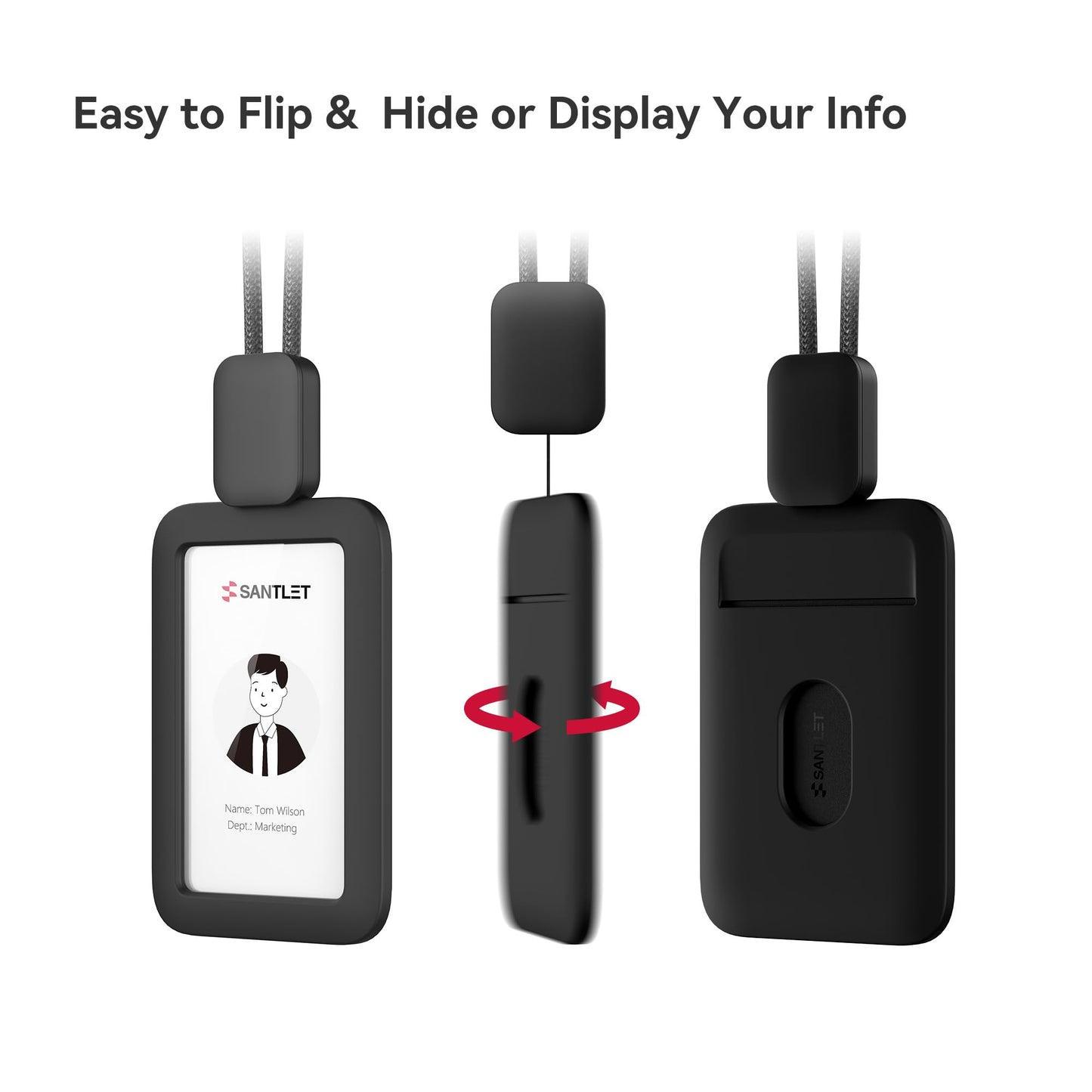 2 Pack Lanyards for ID Badges Holder, SANTLET Silicone ID Badge Holder Name Card Case Protector with Retractable Cord, Safety Breakaway Buckle, 2 Card Slots for Office Staff Teachers Employees Black