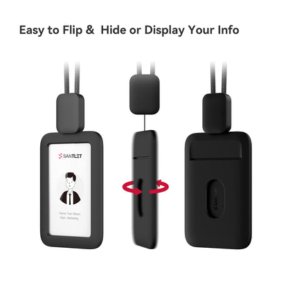 2 Pack Lanyards for ID Badges Holder, SANTLET Silicone ID Badge Holder Name Card Case Protector with Retractable Cord, Safety Breakaway Buckle, 2 Card Slots for Office Staff Teachers Employees Black