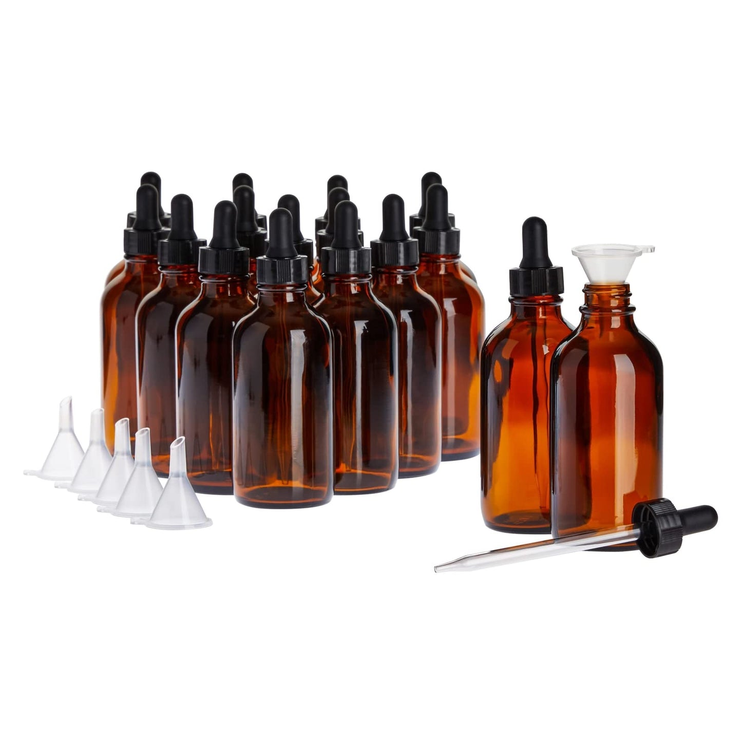 4 oz Amber Glass Dropper Bottles 15 Count and 6 Funnels (120 ml, 21-Piece Set)