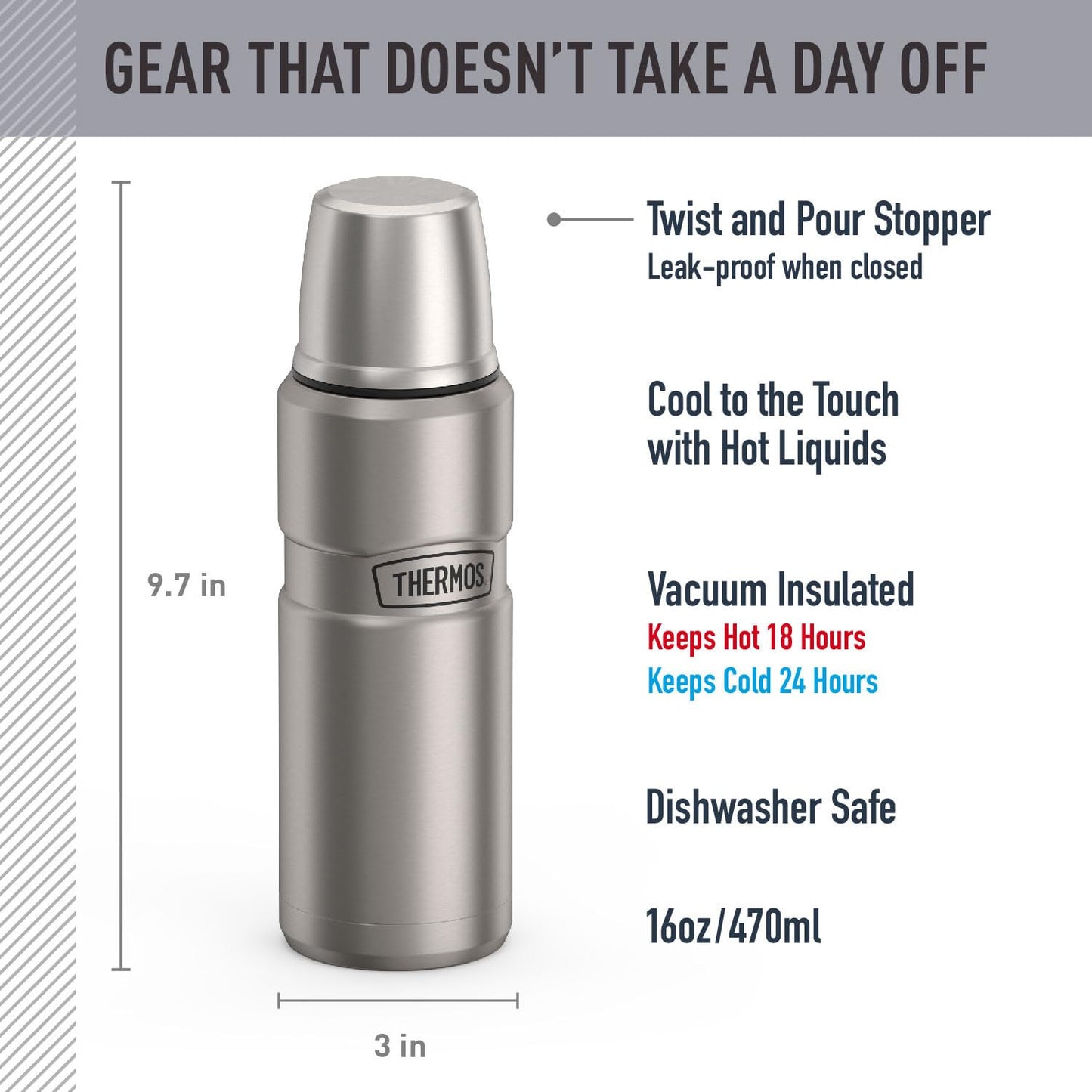 Thermos SK2000STTRI4 Stainless King 16 Ounce Compact Bottle, Stainless Steel, Gray