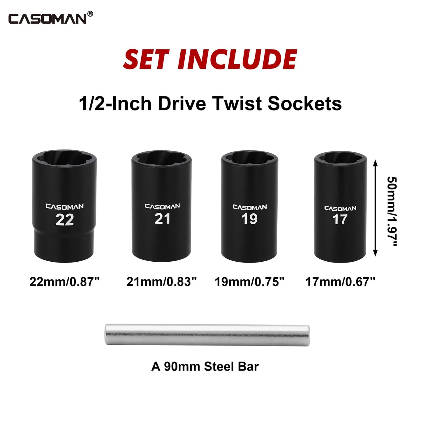 CASOMAN 5 Pieces 1/2" Dr. Twist Socket Set, Lug Nut Remover Tool, Metric Bolt and Lug Nut Extractor Socket Tools