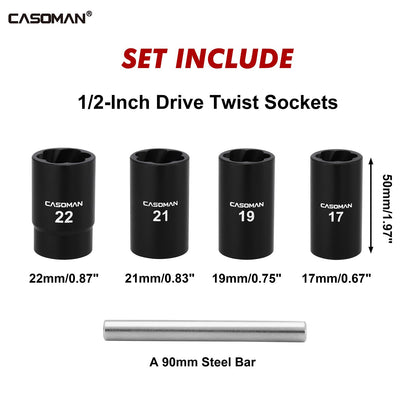 CASOMAN 5 Pieces 1/2" Dr. Twist Socket Set, Lug Nut Remover Tool, Metric Bolt and Lug Nut Extractor Socket Tools