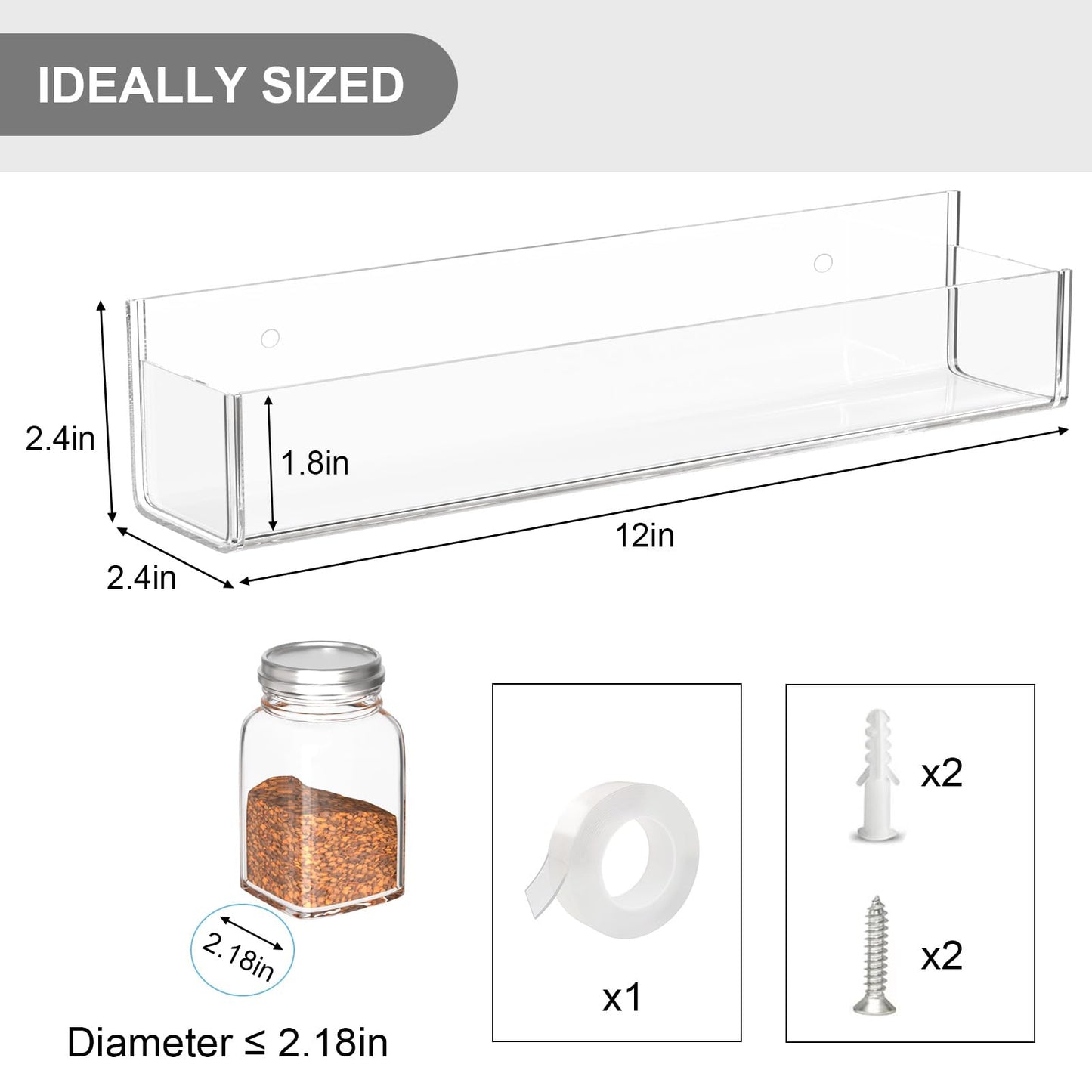 PMMASTO Adhesive Spice Rack Organizer for Cabinet, Acrylic Spice Rack Wall Mount, Space-Saving Spice Organizer Wall Spice Rack for Kitchen Cabinet, Cupboard, Countertopor Pantry Door (Clear - 2 PACK)