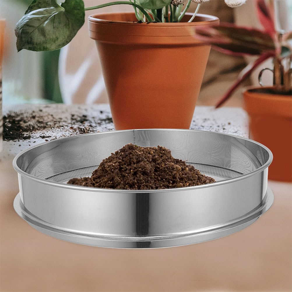 Veemoon Stainless Steel Garden Soil Sieve. Soil Classifier Sifter Round Planter Sand Screen Pan - 2mm Mesh Sifter Pan for Potting Compost and Sand Rock Sifting Filtration (9.8 Inch)