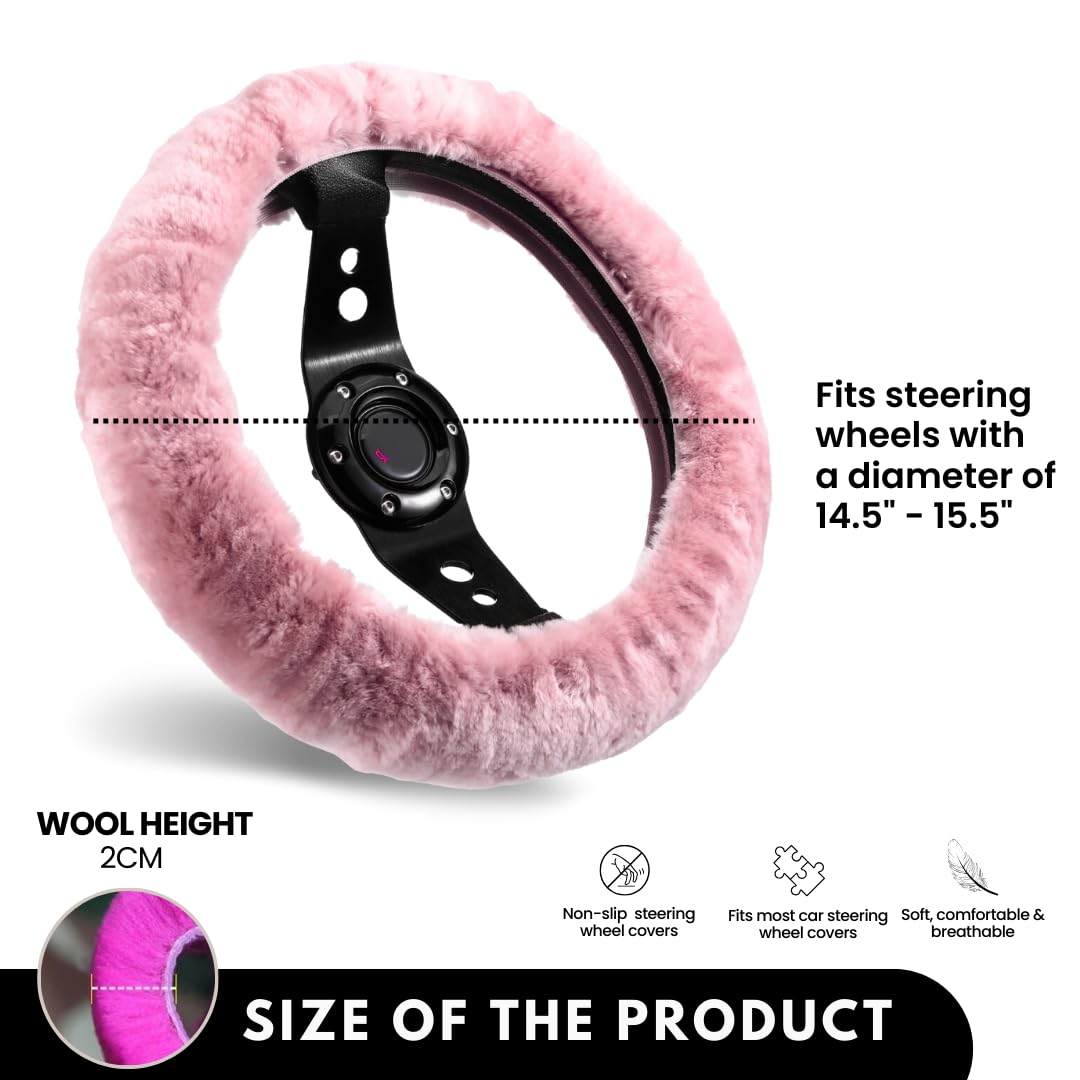 Andalus Brands Fluffy Wool Sheepskin Steering Wheel Cover, Soft & Fuzzy Plush, Universal Fit 14 1/2-15 1/2 Inch, Anti-Slip, Comfortable & Luxurious (Pink)