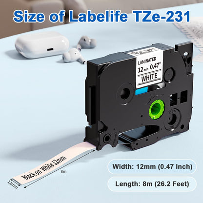 5 Pack TZe-231 Compatible with Brother Label Maker Tape P Touch TZe TZ Tape 12mm 0.47'' Laminated White TZ 231 Label Tape for Brother P-Touch PT-H110 PT-D210 PT-D600 PT-D400AD PT-1290