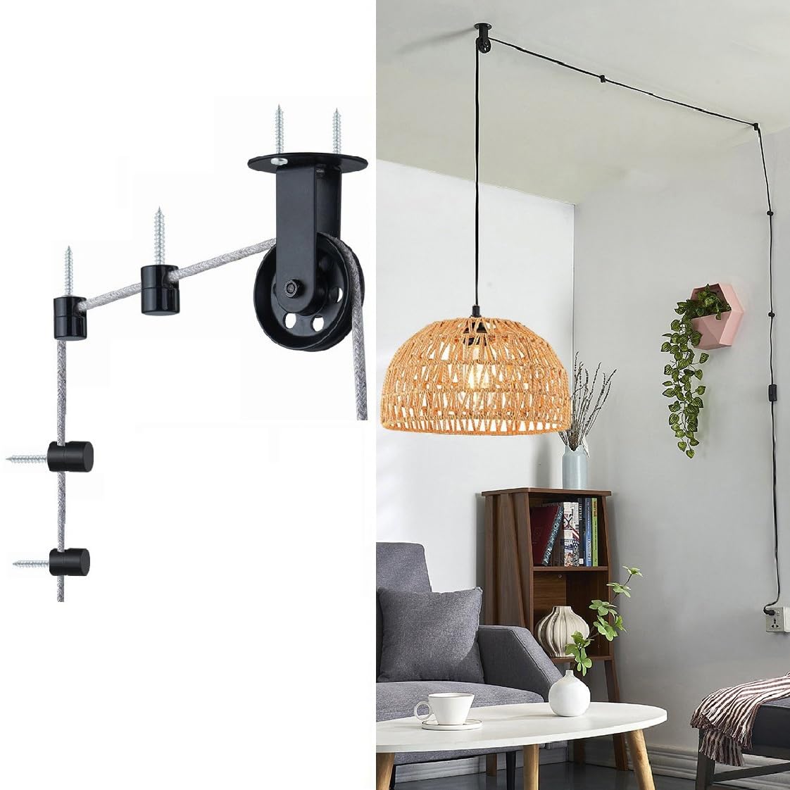 Pulley Wheel for Plug in Pendant Light, Wall Ceiling Mount-Pulley for Hanging Lamp, 1 Pack PulleyWheel and 4 Pack Swag Hooks for Hanging Electric Wire Cable Cord Chandelier Plant Grow Lights (Black)