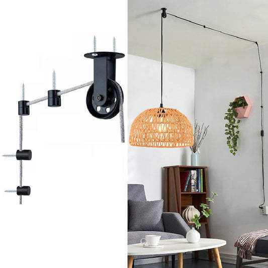 Pulley Wheel for Plug in Pendant Light, Wall Ceiling Mount-Pulley for Hanging Lamp, 1 Pack PulleyWheel and 4 Pack Swag Hooks for Hanging Electric Wire Cable Cord Chandelier Plant Grow Lights (Black)