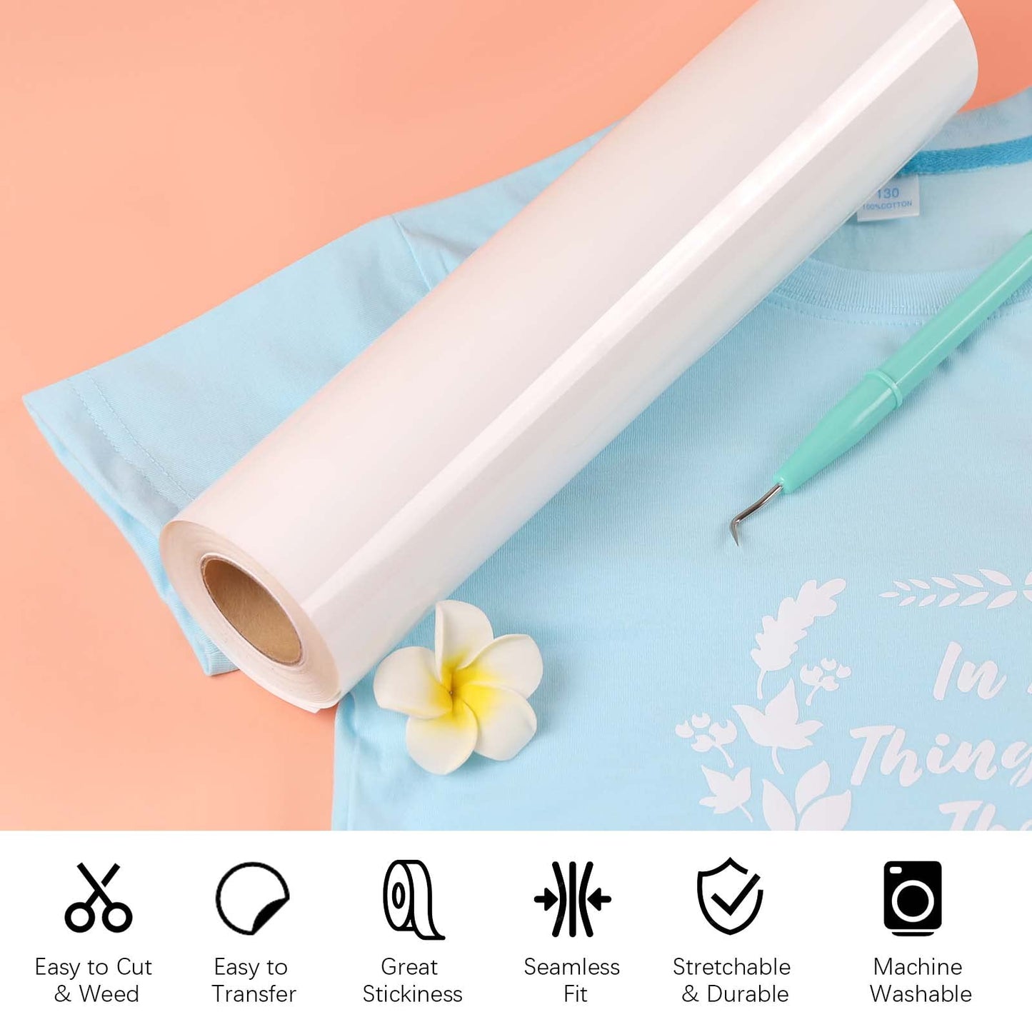 Heat Transfer Vinyl White HTV Rolls - 12" x 20ft White Iron on Vinyl for All Cutter Machine, HTV Vinyl for Shirts - Easy to Cut & Weed for Heat Transfer Design