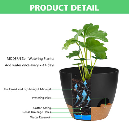 Self Watering Planter Set, 5Pack Small Plastic Plant Pots with Drainage Holes and Saucers, Modern 7+6.5+6+5.5+5 INCH Flower Pots Set for Indoor Outdoor Plants - Black