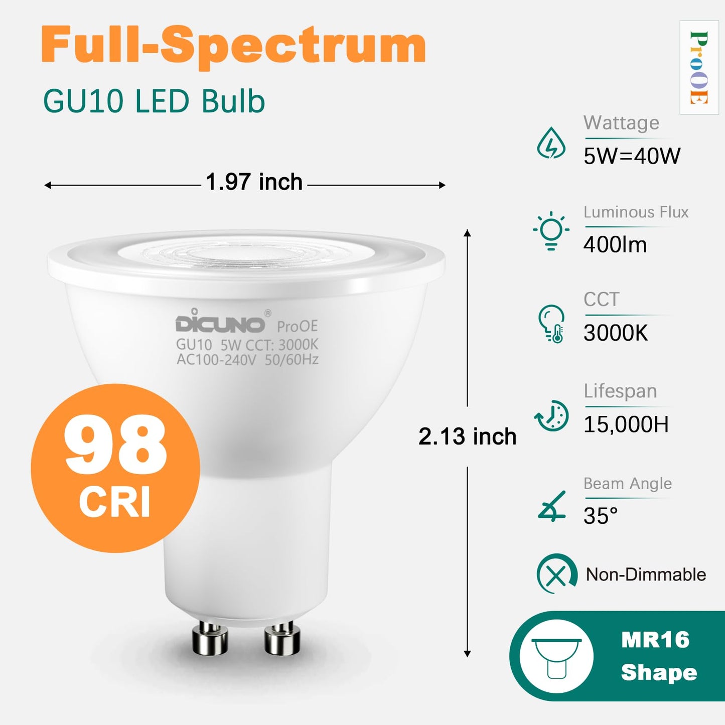 DiCUNO GU10 LED Bulbs, 3000K Warm White, 5W (40W Equivalent), 400lm, High CRI 98, GU10 Base Non-Dimmable Spotlight Bulbs for Track & Recessed Lighting, 6-Pack