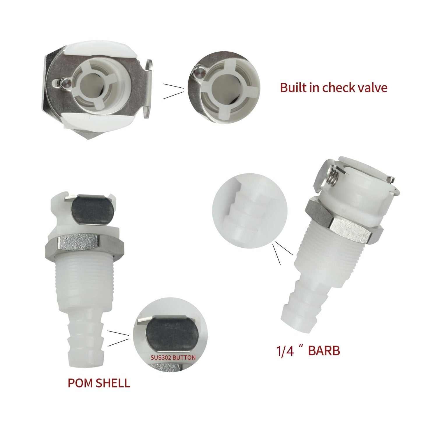 BBTUS 2PCS 1/4" 3/8" 5/16" Plastic Tube in-line Hose Quick Connector with Shut-Off valve, Panel Mounting Quick Release Coupling, Male Quick Connect Barbed Fittings (2x Male Connector)
