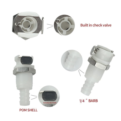 BBTUS 2PCS 1/4" 3/8" 5/16" Plastic Tube in-line Hose Quick Connector with Shut-Off valve, Panel Mounting Quick Release Coupling, Male Quick Connect Barbed Fittings (2x Male Connector)