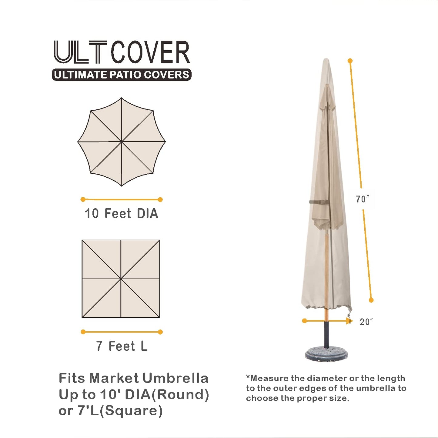 ULTCOVER Patio Parasol 600D Waterproof Outdoor Market Umbrella Cover - Fits Market Umbrella 7-10 Feet