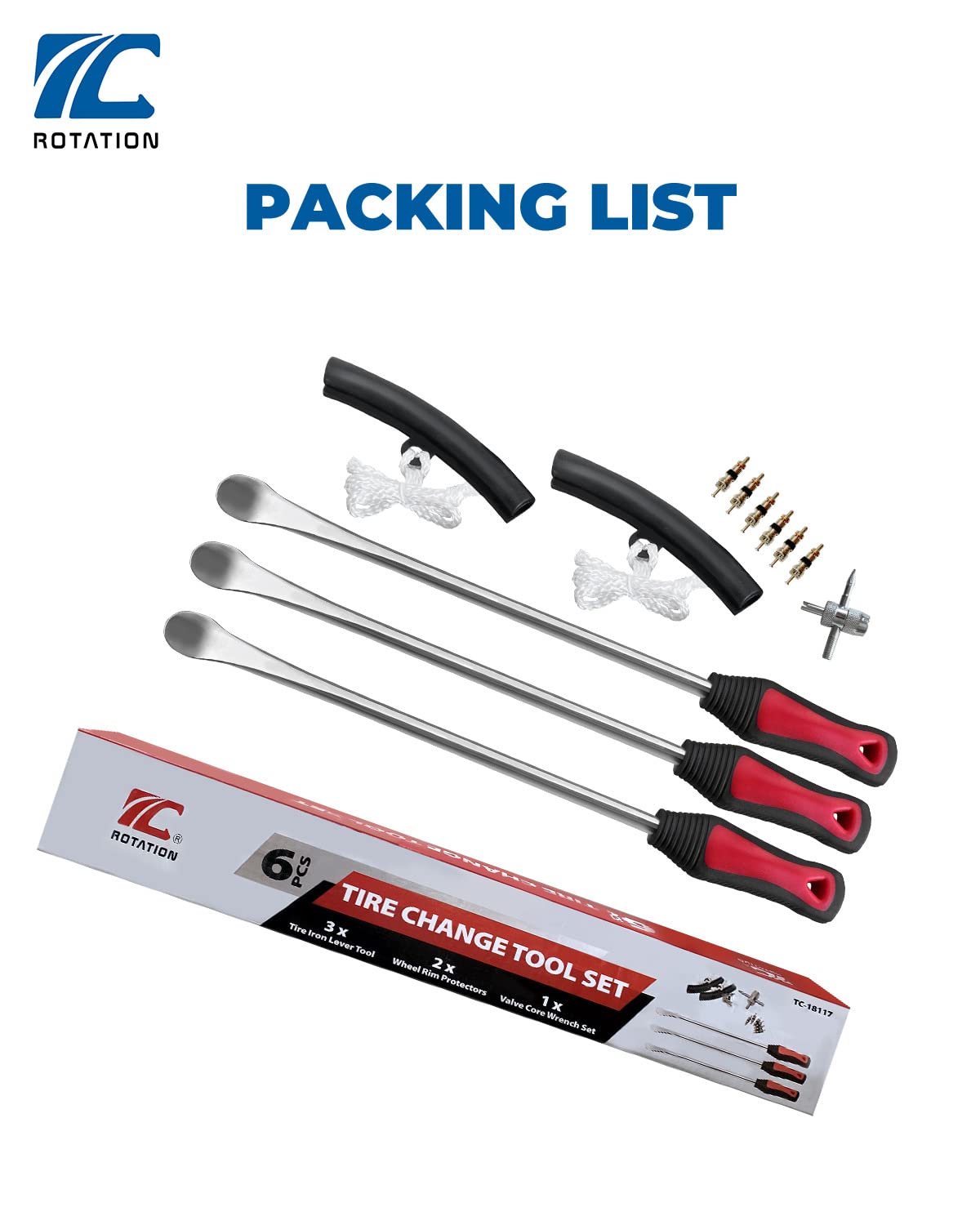 ROTATION 14.5" Steel Tire Spoons Tool Set, 6-Piece Tire Iron Kit, Professional Tire Removal Tools for Motorcycle Dirt Bike Scooter, Include 3 Tire Spoons, 2 Rim Protector, 1 Valve Tool, 6 Valve Cores
