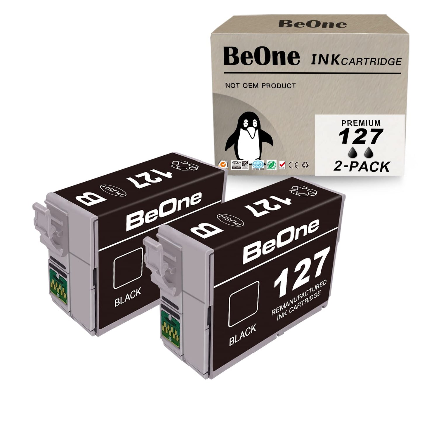 BeOne Remanufactured Ink Cartridges Replacement for T127 127 to use with Workforce 60 545 630 633 635 645 840 845 WF-3520 WF-3530 WF-3540 WF-7010 WF-7510 WF-7520 Printer (2 Black)