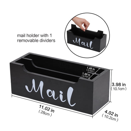 ZBBCTUS Mail Organizer Wall Mounted with 2 Slots & Removable Grids, Black Mail Sorter Basket, Wood Desk Mail Holder Countertop Hanging for Home Office Decor