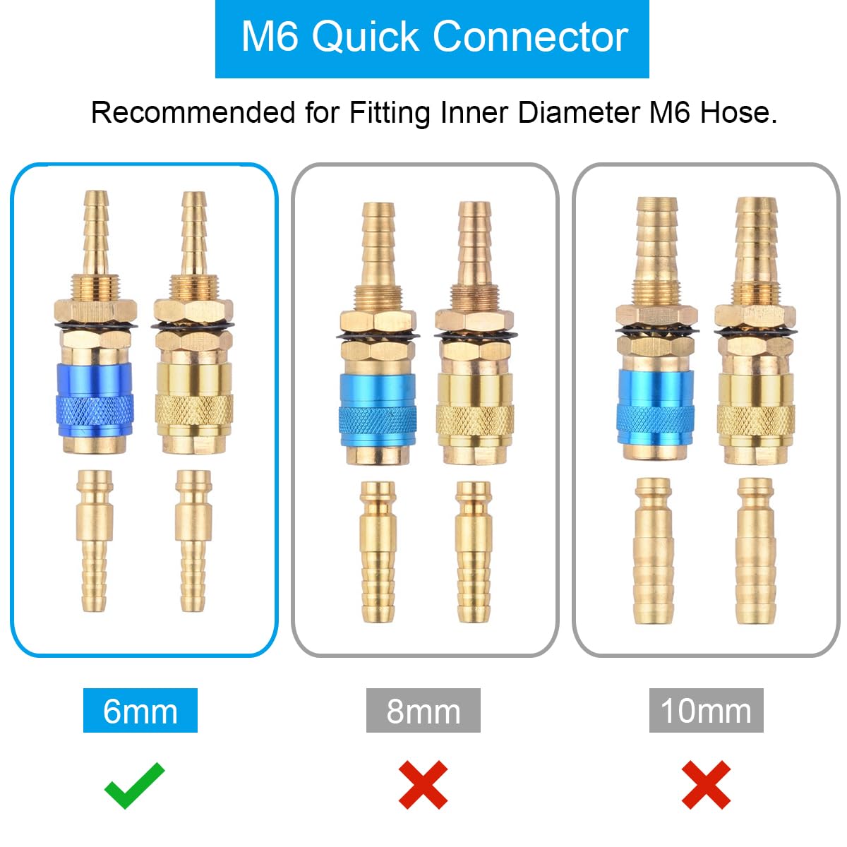 EATBALE M6 Quick Connector Set Quick Water Cooled Gas Adapter Welding Torch Quick Connector No-Leaks Pressure Fitting Hose for MIG TIG Welder Torch Fitting for Welding Torch (Gold & Blue 2 Pcs)