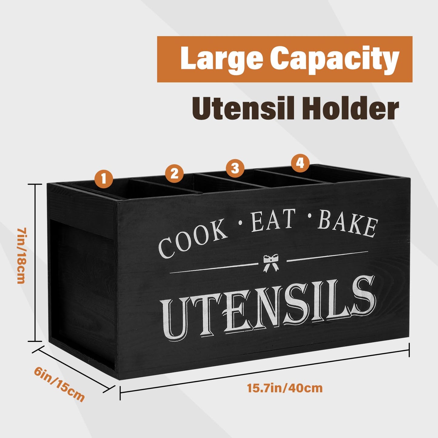 Qeedee Extra Large Kitchen Utensil Holder with 4 Compartments, Space Saving Wood Utensil Organizer with Removable Divider, Farmhouse Decor Countertop for Flatware and Cookware, Black