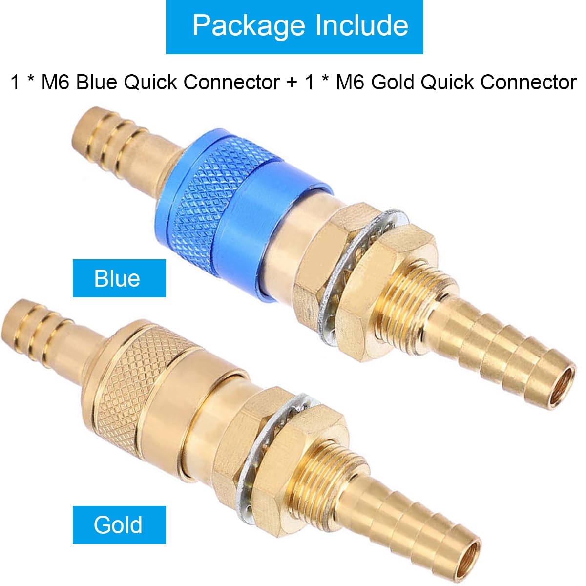 EATBALE M6 Quick Connector Set Quick Water Cooled Gas Adapter Welding Torch Quick Connector No-Leaks Pressure Fitting Hose for MIG TIG Welder Torch Fitting for Welding Torch (Gold & Blue 2 Pcs)