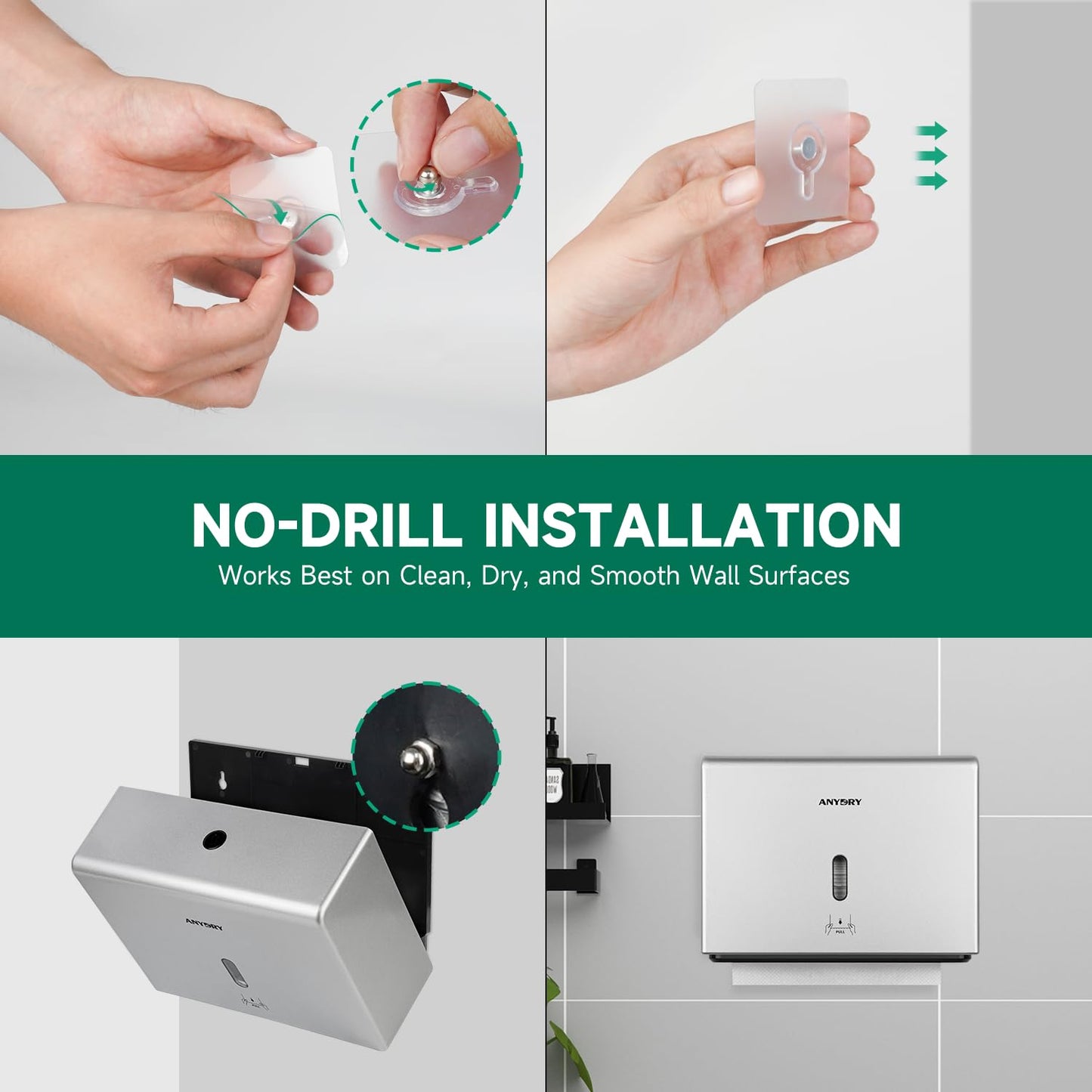 anydry Wall-Mounted Paper Towel Dispenser – Fits Tri-Fold Towels up to 25x7.8 cm, Holds 200 Sheets, Ideal for Home & Commercial Use (Silver)