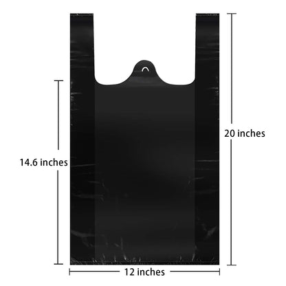T Shirt Bags, Black Plastic Grocery Bags with Handles in Bulk for Shopping and Restaurant, Bolsas De Plastico para Negocio, 12 x 20 inch (200 Pcs)